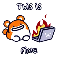 a cartoon of a hamster sitting next to a laptop that is on fire with the words this is fine below it