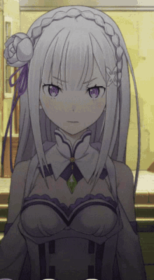 a girl with white hair and purple eyes is wearing a purple dress