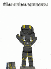 a cartoon character holding a personal order