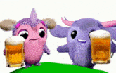 a pink and purple stuffed animal holding beer mugs