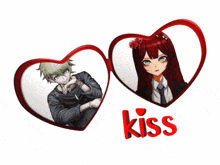 a boy and a girl are in a heart shaped frame with the word kiss below them