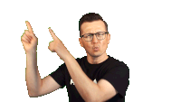 a man wearing glasses and a black shirt is making a funny face