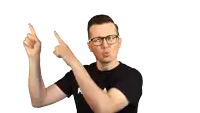 a man wearing glasses and a black shirt is making a funny face