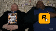 two men laying on top of a pile of money with a grand theft auto 5 poster
