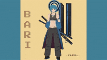 a drawing of a girl with blue hair and the word bari on the bottom