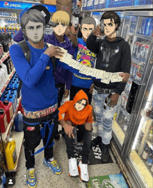 a group of anime characters are posing in front of a pepsi cooler