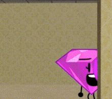 a purple diamond with arms and legs is standing in front of a wall .