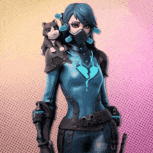 a woman with a mask and a cat on her shoulder