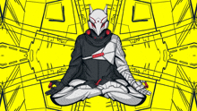 a drawing of a person sitting in a lotus position with a fox mask on their head