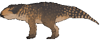 a drawing of a brown and black dinosaur with spots on it