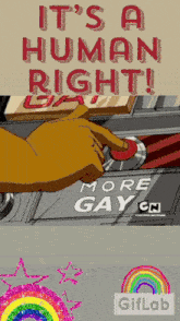 a cartoon of a hand pushing a button that says " it 's a human right "