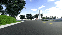 a computer generated image of a road with palm trees on the right