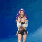a woman with purple hair and a heart on her chest stands in front of a blue background