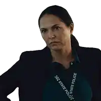 a woman is wearing a state police lanyard