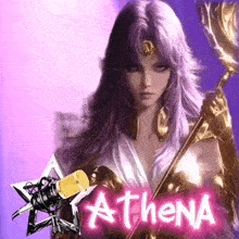 a woman with purple hair is holding a staff and a microphone with the name athena written in pink