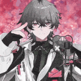 a drawing of a boy with a microphone and sunglasses with a x on it