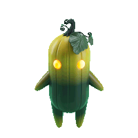 a green and yellow cartoon character with a leaf on top