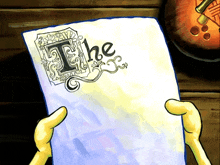a cartoon character is holding a piece of paper that says the on it