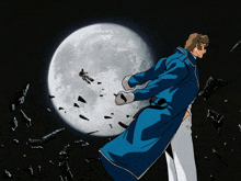 a man in a blue coat and white pants stands in front of a large moon