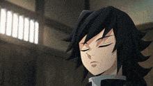 a close up of a cartoon character with his eyes closed in a room .