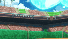 a stadium with a blue light coming out of the sky