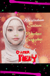 a woman wearing a white hijab with the words waalaikum salam welcome everyone by owner jelly below her