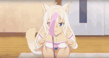 two anime girls are standing next to each other on a floor