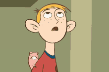 a cartoon of a boy with a red shirt holding a baby in his arms