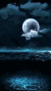 a painting of a full moon surrounded by lightning over the ocean