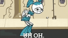 a cartoon character is standing in front of a wall with the words uh oh written on it .