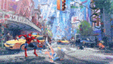 a painting of a spider man fighting a woman in front of a building that says pm everett