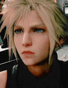 a close up of a person 's face with a serious look on their face