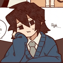 a drawing of a boy with a speech bubble saying sigh