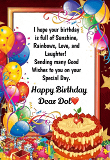 a birthday card with balloons and a cake says happy birthday dear dol