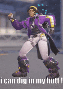 a man in a purple jacket and white pants is dancing with the words " i can dig in my butt " above him