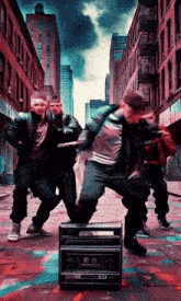 a group of men are dancing on a street in front of a boombox that says lg on it