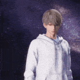 a man in a white hoodie stands in front of a purple background