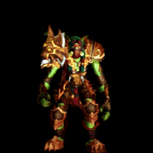 a video game character with green and brown armor and a wolf head