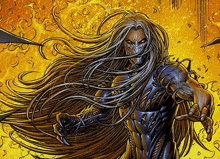a drawing of a man with long hair and a mask on his face