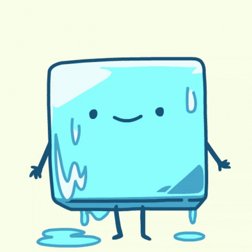 A cartoon gif of an caricature of a blue ice cube waving "hi!".