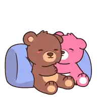 a brown teddy bear and a pink teddy bear are hugging