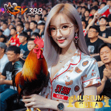 a woman holding a rooster in front of a crowd with sv388 on her shirt