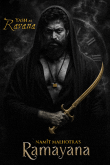 a poster for a movie called ramayana has a man with a beard holding a sword