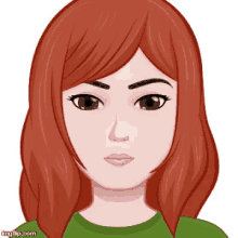 a cartoon drawing of a woman with red hair and a green shirt .