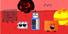a group of cartoon characters on a red background including a robot and a duck