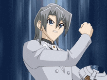 a cartoon character with gray hair and a white suit has his fist up in the air
