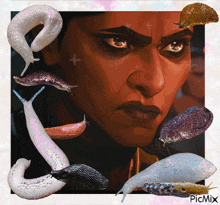 a picture of a woman surrounded by slugs with picmix written on the bottom