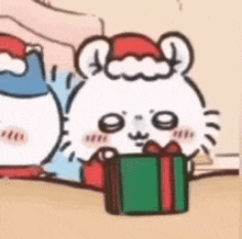 a cartoon of a rabbit wearing a santa hat and holding a gift box .