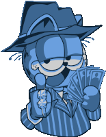 a cartoon of garfield in a fedora holding a bunch of money