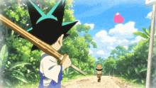 a cartoon of a boy holding a sword with a heart balloon in the background